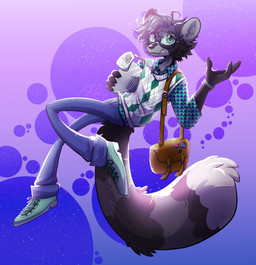 anthro bisexual_pride_colors blue_bottomwear blue_clothing blue_jeans blue_pants bottomwear checkered checkered_clothing checkered_shirt checkered_topwear claws clock clothing computer denim denim_bottomwear denim_clothing diamond_pattern electronics eyewear fangs femboy footwear fur glasses green_clothing green_eyes green_footwear green_shoes grey_body grey_fur grey_hair hair id_card jeans lanyard laptop lgbt_pride male messenger_bag multicolored_clothing multicolored_shirt multicolored_sweater multicolored_sweater_vest multicolored_topwear multicolored_vest pants pattern_clothing pattern_shirt pattern_topwear pride_colors shirt shoelaces shoes solo sweater sweater_vest team_fortress_logo teeth topwear vest watch wearing_glasses jewlzanimations victor_(mrmoopne) mammal procyonid raccoon hi_res shaded