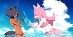 anthro bikini black_body black_fur black_hair blue_body blue_fur blue_hair breasts brown_body brown_fur clothed clothing cloud day duo eyes_closed female fluffy fluffy_tail fur hair happy long_hair one_eye_closed open_mouth outside partially_submerged pink_body pink_fur pink_hair short_hair splash swimwear tail two-piece_swimsuit white_body white_fur arikindows10 brand_new_animal studio_trigger michiru_kagemori nazuna_hiwatashi canid canine fox mammal raccoon_dog tanuki 2020 hi_res