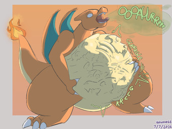 after_vore belly_grab bones_in_stomach burp_cloud burping digestion digestion_noises male obese overweight rumbling_stomach simple_background standing vore volume_(artist) nintendo pokemon charizard generation_1_pokemon pokemon_(species) absurd_res hi_res