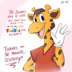 4_fingers anthro brown_hair fingers fur gesture hair horn looking_at_viewer male markings mascot orange_body orange_fur ossicone solo spots spotted_markings text waving waving_at_viewer unnam3d toys_"r"_us geoffrey_the_giraffe giraffe giraffid mammal 1:1 2018 english_text half-length_portrait hi_res portrait signature