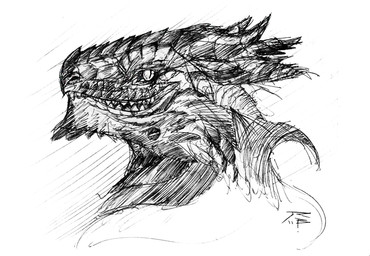 anthro cheek_spikes chin_spikes facial_spikes grin horn male pupils side_view simple_background slit_pupils smile solo spikes spikes_(anatomy) crazydrak mythology dragon mythological_creature mythological_scalie scalie monochrome sketch