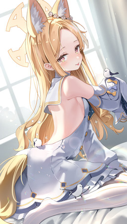 accessory animal_ears backless_dress bare_shoulders bed blonde_hair blush bow_(feature) clothing dress female fluffy_ears furniture glistening glistening_hair hair hair_accessory human_and_animal_ears leaning leaning_forward legwear long_hair looking_back multi_ear no_shoes pantyhose rear_view sitting tail tongue tongue_out wariza white_clothing white_dress white_legwear white_pantyhose window yellow_eyes young young_female young_humanoid mojoawa blue_archive nexon seia_(blue_archive) animal_humanoid avian bird canid canid_humanoid canine canine_humanoid fox_humanoid humanoid mammal mammal_humanoid absurd_res hi_res