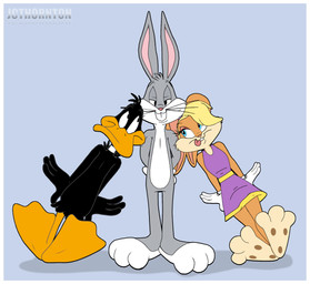 4_fingers anthro arm_support barefoot beak black_body black_eyes black_fur blue_eyes border breasts clothed clothing collared_shirt dress dress_shirt eyelashes feet female fingers fur gloves grey_body grey_fur group handwear leaning leaning_on_elbow male orange_beak orange_feet pawpads shirt simple_background soles tan_body tan_fur teeth topwear trio white_body white_border white_fur jcthornton looney_tunes warner_brothers bugs_bunny daffy_duck lola_bunny anatid anseriform avian bird duck lagomorph leporid mammal rabbit 2025 3d_(artwork) digital_media_(artwork) hi_res