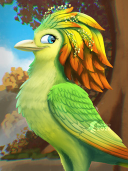 blue_eyes feathered_wings feathers female feral floral green_body solo toony wings fish_birb swapped_(movie) ivy_(swapped) avian bird javan_(species) absurd_res hi_res