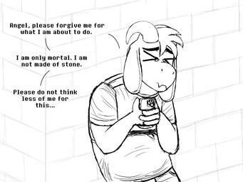 anthro bodily_fluids brick brick_wall cellphone dialogue electronics eyes_closed holding_object holding_phone horn leaning leaning_backward male phone praying smartphone solo tears text wall_(structure) komododad deltarune undertale undertale_(series) asriel_dreemurr boss_monster_(undertale) bovid caprine goat mammal 2025 4:3 black_and_white comic english_text hi_res monochrome
