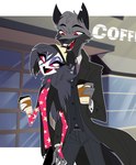 age_difference anthro beverage choker clothed clothing coffee coffee_cup container cup date duo eye_contact female flat_chested formal_clothing formal_wear fur grey_body grey_fur hair hand_holding holding_container holding_object jewelry long_hair looking_at_another male male/female multicolored_body multicolored_fur necklace older_male open_mouth open_smile pink_clothing red_eyes red_sclera relationship short_hair size_difference smile walking white_face younger_female akuma_nemui helluva_boss mythology arturo_wolff octavia_(helluva_boss) avian bird canid canid_demon canine canis demon hellhound mammal mythological_canine mythological_creature owl owl_demon wolf 2023 detailed hi_res