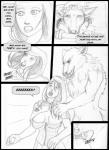 anthro arania bed big_breasts bite blush breasts canid canine canis claws cleavage clothed clothing comic dialogue english_text eyewear fairy_tales fangs female furniture glasses human humanoid_pointy_ears licking little_red_riding_hood little_red_riding_hood_(copyright) male mammal monochrome mythological_canine mythological_creature mythology smile surprise teeth text tongue tongue_out transformation were werecanid werecanine werewolf wolf