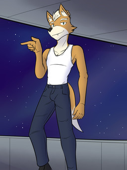 anthro bottomwear clothed clothing fully_clothed gesture hand_gesture male pants plantigrade pointing shirt solo space tank_top topwear white_clothing white_shirt white_tank_top white_topwear fuze nintendo star_fox fox_mccloud canid canine fox mammal 3:4 hi_res