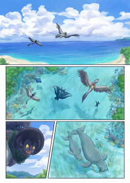 ambiguous_gender anthro biped black_body black_fur black_tail clothed clothing cloud day feral flower flying fur grey_body hat headgear headwear open_mouth open_smile outside plant proboscis_(anatomy) riding river saddle sea smile tail trunk_(anatomy) water bjekkergauken mythology imbali_(bjekkergauken) isilo_(bjekkergauken) aquatic avian dugong elephant elephantid gryphon humanoid mammal mythological_avian mythological_creature proboscidean sirenian unknown_species 2026 colored comic hi_res