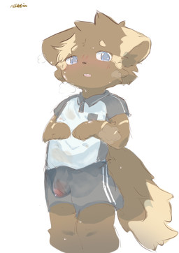 blue_eyes blush blush_lines breath brown_body clothing eyebrows genitals kemono male open_mouth penis penis_through_clothing school_uniform simple_background sketchy solo standing text uniform white_background young n00bt1m canid canine canis domestic_dog mammal absurd_res artist_name hi_res sketch