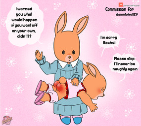 age_difference angry anthro bodily_fluids butt butt_slap clothed clothing corporal_punishment crying duo female footwear hand_print on_knee on_lap pajamas panties panties_down partially_clothed pink_clothing pink_panties pink_underwear punishment reddened_butt shoes slap slippers spank_marks spank_marks_on_ass spanked_butt spanking tears text underwear underwear_down young young_female younger_female vscarok patty_(maple_town) rachel_(maple_town) lagomorph leporid mammal rabbit english_text sibling_(lore) sister_(lore) sisters_(lore)
