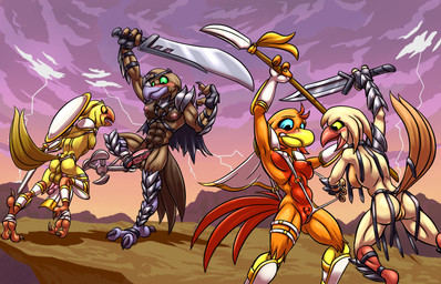 3_toes abs anthro anus areola armor avian_feet backsack balls beak blush breasts butt cape clothing clothing_pull embarrassed erection feathers feet female fingers genitals group half-erect harness holding_melee_weapon holding_object holding_sword holding_weapon humanoid_genitalia humanoid_penis ineffective_clothing legwear looking_at_genitalia looking_at_penis looking_at_vulva male melee_weapon mostly_nude muscular muscular_anthro muscular_male nipple_outline nipples open_beak open_mouth orange_body orange_feathers outside pecs penis prosthetic prosthetic_leg prosthetic_limb pubes red_body shield skimpy_underwear standing sword tail tail_feathers talons tenting toes unconvincing_armor vein veiny_penis vulva warrior weapon bassybefuddle conditional_dnp windborn amara_(windborn) draya_(windborn) orlan_(windborn) rugyam_(windborn) avian bird 14:9 absurd_res digital_media_(artwork) hi_res
