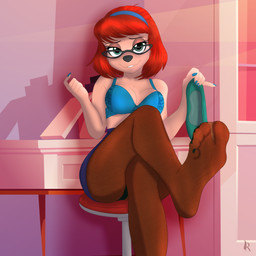 anthro bottomwear bra breasts clothing eyewear feet female foot_fetish footwear glasses heel legwear panties pantyhose shoes skirt solo suggestive teasing underwear digiqrow disney goof_troop sylvia_marpole absurd_res hi_res