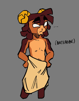 anthro athletic athletic_anthro athletic_male bare_shoulders brown_body brown_fur brown_hair clothing curved_horn facial_hair fur goatee hair horn male no_pupils religion robe robe_only simple_background slim solo text yellow_horn deeoxie christianity lamby_land ramuel_(lamby_land) bovid caprine mammal sheep 2026 english_text hi_res