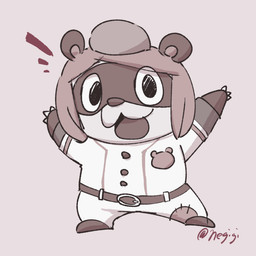 anthro baseball_uniform bottomwear chibi clothing kemono looking_at_viewer pants shirt simple_background solo sportswear topwear uniform negigi brand_new_animal studio_trigger jackie_(brand_new_animal) canid canine mammal raccoon_dog tanuki 1:1 2020