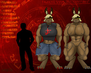 abs anthro biceps big_breasts blonde_hair bottomwear breasts claws clothing colored_nails colored_toenails duo feet female glare glaring glaring_at_viewer hair huge_breasts jewelry larger_female male male/female male_human muscular muscular_female muscular_male muscular_thighs nails necklace neutral_expression shirt shorts size_difference sleeveless_shirt smaller_male t-shirt toenails toes topwear torn_bottomwear torn_clothing torn_shirt torn_topwear yellow_eyes yellow_sclera m4n doom_(series) id_software microsoft anon hare human humanoid lagomorph leporid mammal rabbit 5:4 absurd_res hi_res model_sheet