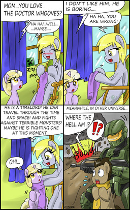 armor assault_rifle blonde_hair blue_eyes blush curtains cutie_mark dialogue duo ellipsis exclamation_point explosion female feral gun hair horn interrobang knitting question_mark ranged_weapon rifle scarf text war weapon window wings yellow_eyes young young_feral ciriliko friendship_is_magic halo_(series) hasbro microsoft minecraft mojang my_little_pony mythology xbox_game_studios derpy_hooves_(mlp) dinky_hooves_(mlp) doctor_whooves_(mlp) master_chief creeper_(minecraft) earth_pony equid equine horse mammal mythological_creature mythological_equine pegasus pony unicorn 2012 absurd_res crossover english_text hi_res