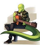 5_fingers acoustic_guitar alternate_species anthro black_bottomwear black_clothing black_jeans black_pants bottomwear camo camo_clothing camo_print camo_shirt camo_topwear clothed clothing denim denim_bottomwear denim_clothing eyes_closed fingers footwear frown furrification green_body green_scales guitar holding_guitar holding_musical_instrument holding_object jeans long_tail male musical_instrument pants pattern_clothing pattern_shirt pattern_topwear plantigrade plucked_string_instrument scales shirt shoes simple_background sitting sneakers snout solo string_instrument tail topwear white_clothing white_shirt white_topwear exagono16 cavemanon_studios snoot_game anon_(snoot_game) compsognathid compsognathus dinosaur prehistoric_species reptile scalie theropod 2023 colored hi_res