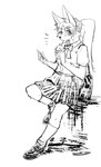 anthro bag beverage big_ears bottomwear bow_ribbon bow_tie bubble_tea cellphone clothing electronics female hair kemono phone ponytail school_uniform skirt smartphone solo uniform ookamiwaho okami_bark canid canine canis mammal wolf hi_res monochrome sketch