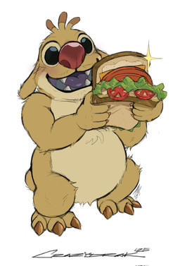 3_toes 4_fingers antennae_(anatomy) anthro beady_eyes black_eyes blush brown_claws claws dipstick_antennae feet finger_claws fingers food front_view fur holding_food holding_object holding_sandwich looking_at_viewer male male_anthro multicolored_antennae nude open_mouth open_smile purple_tongue red_nose sandwich_(food) simple_background small_tail smile solo standing tail tan_body tan_fur toe_claws toes tongue white_background yellow_body yellow_fur crazydrak disney lilo_and_stitch reuben_(lilo_and_stitch) alien experiment_(lilo_and_stitch) 2025 full-length_portrait hi_res portrait signature