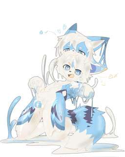 4_fingers anthro bangs black_body black_fur black_nose blue_body blue_eyes blue_fur blue_inner_ear blue_tail body_control body_takeover breasts chastity_bulge chastity_device clothing dipstick_tail duo emanata fingers fur fur_markings glistening glistening_body glistening_latex goo_drip goo_encasement goo_transformation hair hand_on_breast heart_symbol kemono kneeling latex latex_clothing latex_skinsuit lock_symbol looking_down male markings null_bulge open_mouth panicking simple_background skinsuit struggling tail tail_markings tight_clothing tongue transformation white_background white_body white_fur white_hair white_inner_ear white_tail_tip young young_anthro young_male hanzhi_colef animate_inanimate canid canine canis domestic_cat felid feline felis fox goo_creature living_clothing living_latex mammal hi_res