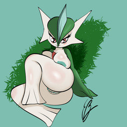 big_breasts big_butt blush bodily_fluids breasts butt female genitals mismatched_sexual_dimorphism not_furry nude red_eyes simple_background smile solo vulva wide_hips eddiebrije nintendo pokemon gallade generation_4_pokemon humanoid pokemon_(species) 1:1 absurd_res hi_res