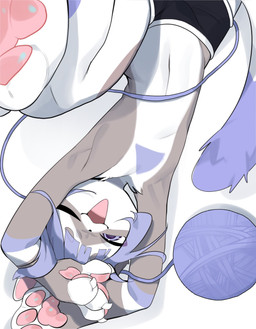 4_fingers adolescent anthro ball_of_yarn barefoot bird's-eye_view bottomwear claws clothed clothing feet finger_claws fingers fur hair high-angle_view hotpants kemono looking_at_viewer male male_anthro navel open_mouth pawpads paws pink_pawpads shorts shorts_only simple_background soles solo tail toes tongue topless topless_anthro topless_male upside_down white_background yarn young young_anthro young_male saoheaven domestic_cat felid feline felis mammal 2024 digital_media_(artwork) hi_res