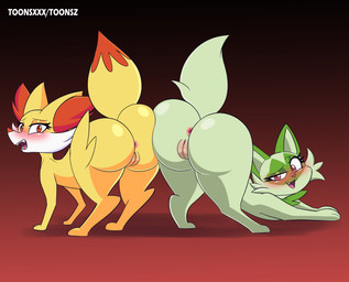 all_fours anus ass_to_ass ass_up bent_over big_butt black_background blush body_blush butt butt_squish cheek_tuft duo eyelashes facial_markings facial_tuft fangs feet female feral fur fur_tuft genitals gradient_background green_body green_ears green_fur green_inner_ear green_markings green_tail head_markings huge_butt humanoid_genitalia humanoid_vulva inner_ear_fluff inviting iris light_body light_fur looking_at_viewer looking_back looking_back_at_viewer markings mask_(marking) multicolored_body multicolored_fur one_eye_half-closed open_mouth open_smile paws pink_eyes pink_nose pink_tongue presenting presenting_hindquarters pupils quadruped raised_tail rear_view red_anus red_background red_body red_eyes red_fur red_inner_ear_fluff red_nose red_tail red_vulva shadow simple_background smile smiling_at_viewer squish standing tail teeth text three-quarter_view toes tongue tuft two_tone_tail vulva vulva_blush white_body white_fur white_text yellow_body yellow_ears yellow_fur yellow_tail eltoonsz nintendo pokemon canid felid fennekin generation_6_pokemon generation_9_pokemon mammal pokemon_(species) sprigatito 2023 colored digital_media_(artwork) hi_res shaded