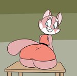 anthro big_butt blue_eyes bouncing_butt butt butt_slam cheek_spots clothing dress eyebrows eyelashes female fur furniture huge_butt huge_hips hyper hyper_butt hyper_hips looking_back pink_body pink_fur pink_tail rear_view red_clothing red_dress shaking_butt smile solo table tail thick_thighs wide_hips 83exor super_planet_dolan shima_luan domestic_cat felid feline felis mammal 2022 2d_animation animated short_playtime