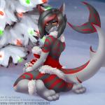 anthro big_breasts black_body black_hair black_skin bottomless breasts butt christmas_tree clothed clothing female hair holidays non-mammal_breasts orange_eyes outside plant raised_tail red_body red_eyes red_hair red_skin side_boob smile snow solo stripes tail tree jackalope_(artist) christmas rachel_winchester fish marine shark 1:1 2016