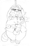 2020 absurd_res alice_detective_bureau alios anthro balls belly big_belly bodily_fluids bound clothing cum ejaculation genital_fluids genitals hi_res humanoid_hands inspector_arai kemono male mammal monochrome overweight overweight_male penis police police_badge police_uniform procyonid raccoon rope shirt sketch solo topwear uniform