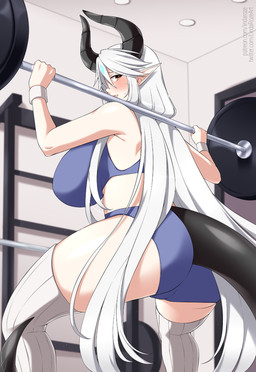 bar big_breasts blush bottomwear bra breasts butt butt_pose clothing exercise female hair huge_breasts humanoid_pointy_ears long_hair looking_back pointy_ears pose shorts solo sports_bra underwear weightlifting workout lindaroze humanoid