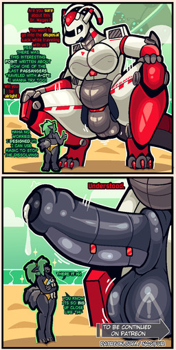 advertisement anthro balls big_penis bodily_fluids border bulge cum dialogue dripping duo extreme_size_difference genital_fluids genitals humanoid_genitalia humanoid_penis imminent_cock_vore imminent_vore intersex machine macro mecha micro open_mouth orange_border penis precum precum_drip size_difference speech_bubble squatting_pose text nagifur mages_(nagifur) scarlet_(nagifur) humanoid mammal robot robot_humanoid comic digital_media_(artwork) english_text hi_res story story_in_description