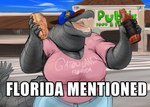 5_fingers anthro beverage big_breasts bottomwear breasts cleavage clothed clothing day female fingers food grey_body hat headgear headwear huge_breasts non-mammal_breasts open_mouth outside pants sandwich_(food) shirt solo t-shirt tail teeth text text_on_clothing text_on_topwear tongue topwear doctordj florida_gators publix olivia_(doctordj) alligator alligatorid crocodilian reptile scalie english_text hi_res