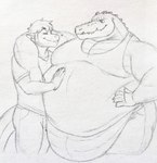 anthro arm_around_partner belly belly_overhang belly_press big_belly clothing duo eyes_closed hand_on_belly hand_on_hip hug leaning looking_at_another lying male male/male obese obese_male on_front overweight overweight_anthro overweight_male size_difference smaller_male smile standing tail eon54 mythology cody_(swatthefox) jagged_(eon54) crocodile crocodilian dragon mythological_creature mythological_scalie reptile scalie hi_res traditional_media_(artwork)