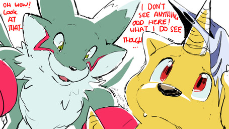 1_horn anthro countershade_torso countershading duo fangs green_body horn male red_eyes teeth text yellow_body dahecksajerry bandai_namco digimon renaman_(dahecksajerry) canid digimon_(species) gabumon mammal renamon 16:9 english_text widescreen
