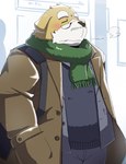 anthro blush bottomwear brown_body clothing eyes_closed kemono male pants scarf solo sweater topwear emufu canid canine canis domestic_dog mammal 2022 hi_res