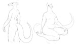 anthro belly bent_legs butt frill_(anatomy) hand_on_knee hand_on_leg male nude sitting slightly_chubby slightly_chubby_anthro slightly_chubby_male standing tail cettus mythology fritjof dragon mythological_creature mythological_scalie scalie 2022 monochrome sketch