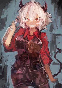 ahoge black_horn bottle breasts business_suit clothing container eyebrows female grin hair holding_bottle holding_container holding_object horn looking_at_viewer not_furry red_eyes sharp_teeth short_hair simple_background smile solo spade_tail standing suit tail teeth toothy_grin topwear vest white_body white_eyebrows white_hair white_skin kaamin helltaker malina_(helltaker) demon demon_humanoid humanoid absurd_res hi_res
