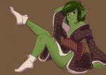 asian_clothing bite biting_lip clothed clothing east_asian_clothing femboy footwear japanese_clothing kimono kimono_only male mostly_nude no_underwear pose raised_leg socks solo tabi_socks patoman blenafee_(keroro623) goblin humanoid pinup