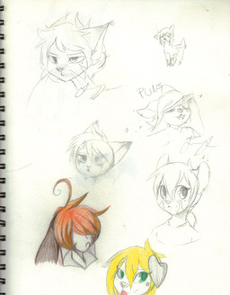 ambiguous_gender anthro black_nose blonde_hair brown_hair eyebrow_through_hair eyebrows eyelashes eyes_closed feral floppy_ears green_eyes grumpy hair hair_over_eyes happy long_ears open_mouth simple_background smile tail text tongue tongue_out translucent translucent_hair whiskers white_background freeze-pop88 canid canine canis cervine deer domestic_cat domestic_dog felid feline felis lagomorph leporid mammal rabbit absurd_res hi_res sketch sketch_page traditional_media_(artwork)
