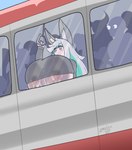 ambiguous_gender areola big_breasts blush blush_lines bodily_fluids breasts clothing female green_eyes green_hair grey_hair group hair horn huge_breasts lactating looking_ahead looking_out_window multicolored_hair nipples public_transportation shirt text topwear train vehicle wide_eyed zedrin fuyumi_(zedrin) ambiguous_species animal_humanoid canid canid_humanoid canine canine_humanoid fox_humanoid horned_humanoid human humanoid mammal mammal_humanoid 2024 hi_res signature