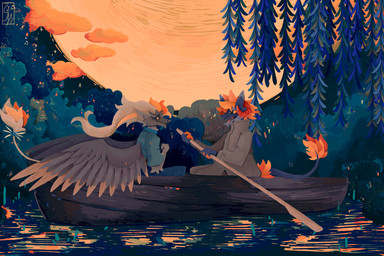 anthro biped boat clothed clothing duo eye_contact feathered_wings feathers fully_clothed lake looking_at_another moon pator romantic romantic_ambiance romantic_couple side_view sitting sunset tail vehicle watercraft wings sleepingwoolf mythology dragon hybrid mythological_creature mythological_scalie scalie 3:2 digital_media_(artwork) digital_painting_(artwork) hi_res painting_(artwork) portrait restricted_palette three-quarter_portrait