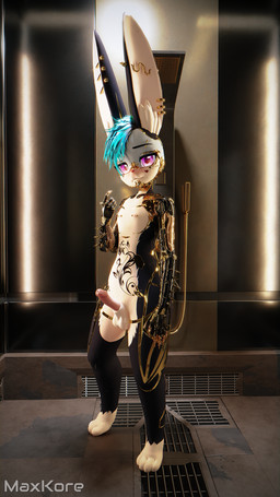 4_toes 5_fingers animal_genitalia anthro balls big_ears blue_body blue_fur blue_hair blush cybernetic_arm cybernetic_limb cybernetics cyberpunk ear_piercing ear_ring erection facial_piercing feet fingers fur genitals gesture gold_(metal) hair hand_gesture humanoid_genitalia humanoid_penis industrial_piercing inside lip_piercing machine male navel nipple_piercing nipples nude pawpads paws penis piercing pointing pointing_at_self purple_eyes ring_piercing sheath shower shower_head solo standing tattoo text toes wet white_body white_fur maxkore lagomorph leporid mammal rabbit 2023 3d_(artwork) 9:16 artist_name digital_media_(artwork) full-length_portrait hi_res portrait signature