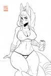 anthro arm_wraps bandage beverage big_breasts blush bodily_fluids breasts cleavage clothed clothing female hair nipple_outline soda solo sweat thick_thighs wide_hips wraps valtik roo_(valtik) kangaroo macropod mammal marsupial 2017 greyscale hi_res monochrome