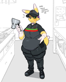 anthro baseboard biped breasts clothed clothed_anthro clothed_female clothing dipstick_tail fat_rolls female female_anthro fully_clothed fully_clothed_anthro fully_clothed_female gloves_(marking) inside markings one_eye_closed overweight overweight_anthro overweight_female pupils solo square_pupils standing tail tail_markings talking_to_self text thick_thighs uniform weight_gain wide_hips yellow_body pearkidart bandai_namco digimon max_(pearkidart) canid digimon_(species) mammal renamon 2025 absurd_res comic digital_drawing_(artwork) digital_media_(artwork) english_text hi_res shaded simple_shading