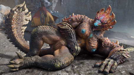 4_fingers anthro anus athletic bedroom_eyes big_breasts blue_nipples breasts brown_body brown_scales camp camping_tent chin_spikes claws clitoris detailed_background eyelashes facial_spikes fangs female fingers genitals half-closed_eyes horn looking_at_viewer lying muscular muscular_female narrowed_eyes nipples nude on_ground on_side outside presenting presenting_vulva raised_tail red_body red_scales rock scales scaly_breasts seductive small_anus smile solo spikes spikes_(anatomy) spread_legs spreading tail teeth thick_thighs toned_female vulva yellow_eyes anonymous_artist ivorylagiacrus capcom monster_hunter ajarakan primatius scalie 16:9 2025 3d_(artwork) 4k absurd_res alternate_version_at_source artist_collaboration blender_(artwork) digital_media_(artwork) hi_res widescreen