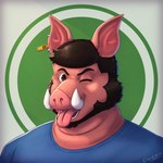 anthro hair male one_eye_closed slightly_chubby tusks wink cowardlion domestic_pig mammal suid suina sus_(pig) 1:1 absurd_res bust_portrait hi_res portrait