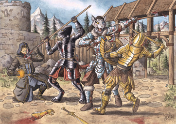 anthro armor axe battle biped black_body black_fur blood blue_eyes bodily_fluids boots breastplate clothing couter cuisse dreadlocks dual_wielding eyes_closed fangs faulds female footwear fur furgonomic_armor furgonomics gauntlets gloves greaves grey_body grey_fur group handwear headgear helmet heterochromia holding_axe holding_melee_weapon holding_object holding_shield holding_sword holding_weapon kneeling knight male melee_weapon multicolored_body multicolored_fur outside pauldron polearm poleaxe poleyn rerebrace robe sabatons sharp_teeth shield shoes sword tail_armor tassets teeth thalmor vambrace violence visor_helmet warrior weapon white_body white_fur yellow_eyes 0laffson microsoft the_elder_scrolls river_(xanderh) felid high_elf humanoid khajiit mammal 2026 hi_res traditional_media_(artwork)