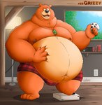 anthro belly big_belly black_nose bulge clothing controller detailed_background game_controller humanoid_hands inside male moobs navel nipples orange_body overweight overweight_male short_legs solo thick_neck underwear stompsyeen grizzy_and_the_lemmings microsoft xbox xbox_game_studios grizzy_(grizzy_and_the_lemmings) bear mammal 2022 hi_res